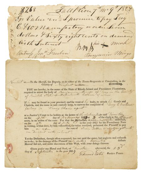(SLAVERY AND ABOLITION.) A printed warrant for the arrest of Benjamin Mingo, laborour of colour for an unpaid debt from 1824 owed to